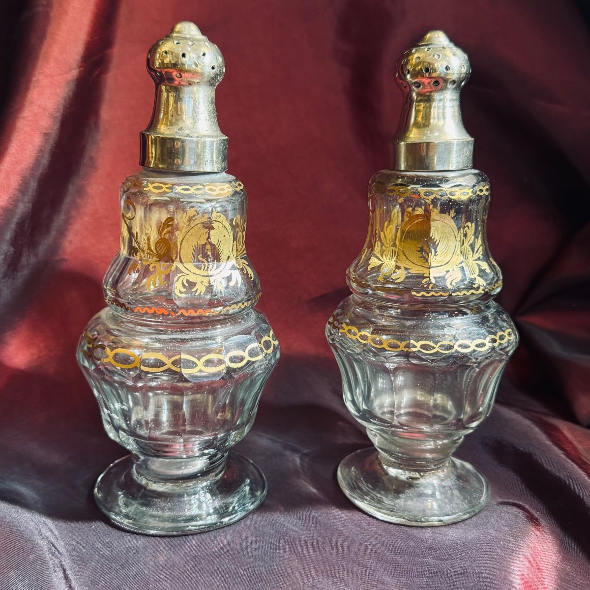 Pair Of Table Shakers, 18th Century Crystal, Gold Motifs. 