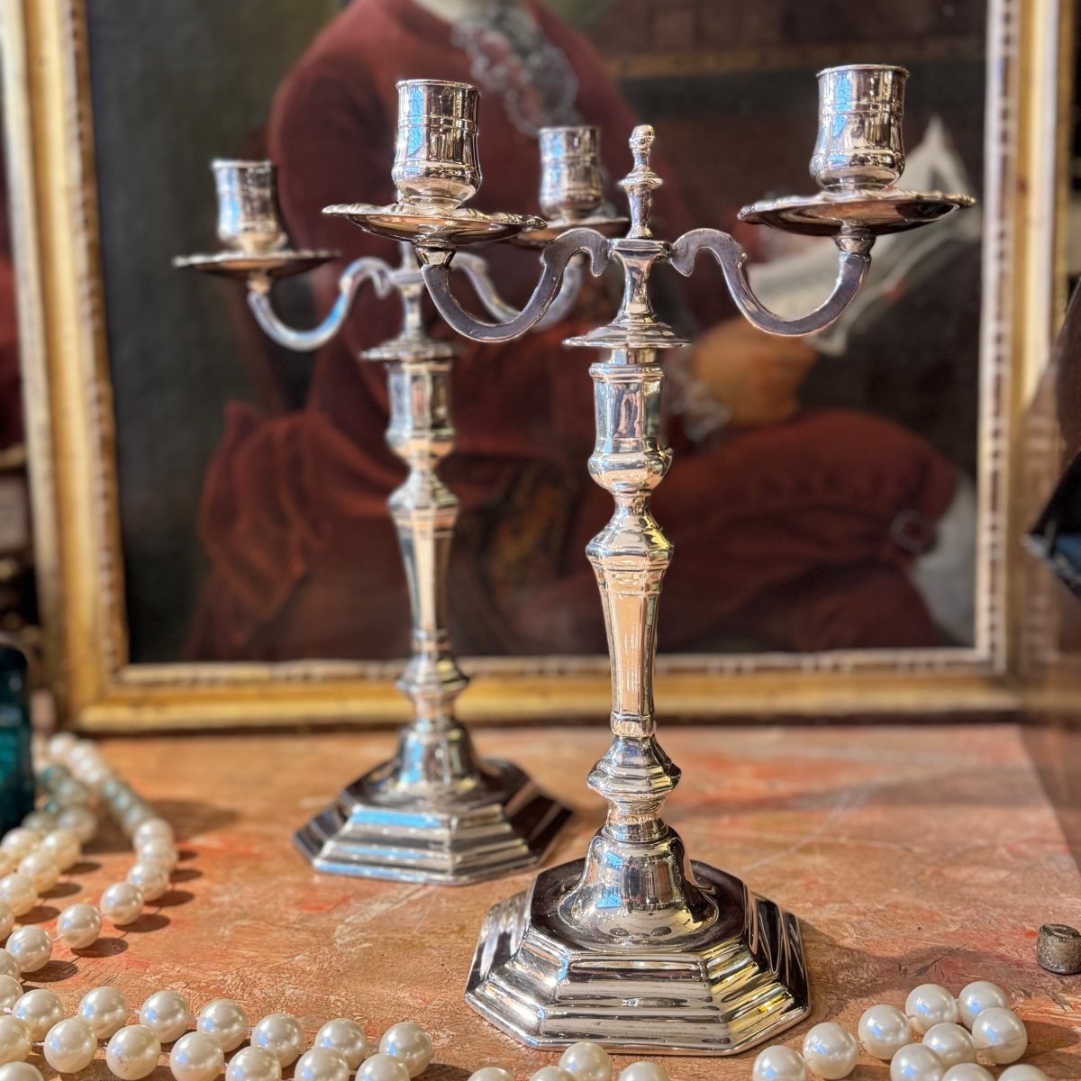 Pair Of Candlesticks, Silver Plated, Early 18th Century, Double Lights, Table Ends.-photo-1