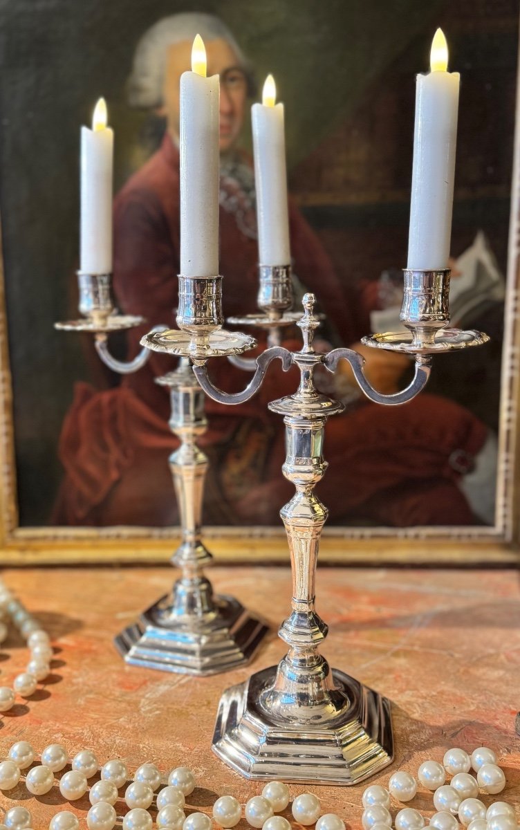 Pair Of Candlesticks, Silver Plated, Early 18th Century, Double Lights, Table Ends.