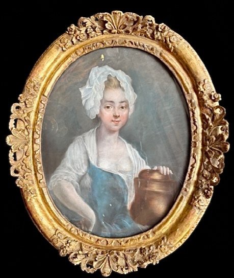 Grand pastel, jeune fille au pot à lait, vers 1780,  goût de J.B Greuze.-photo-4