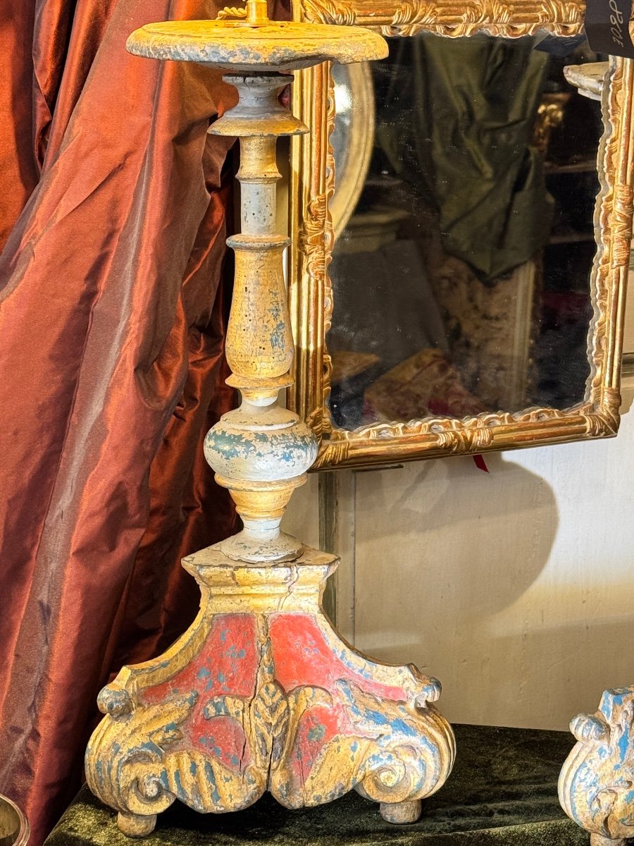 Pair Of Lamps, Venice, Polychrome Carved Wood, 17th Century, Mounted Candlesticks.-photo-1