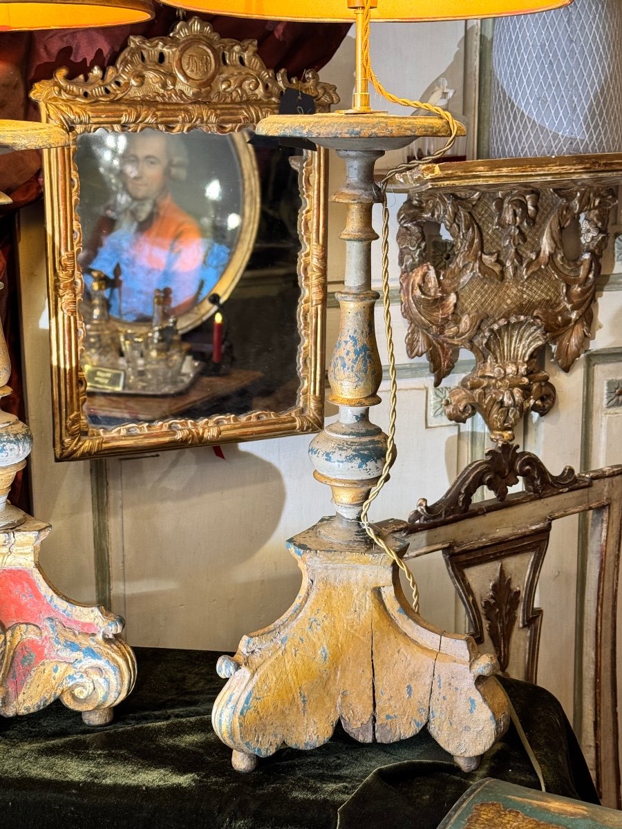 Pair Of Lamps, Venice, Polychrome Carved Wood, 17th Century, Mounted Candlesticks.-photo-4