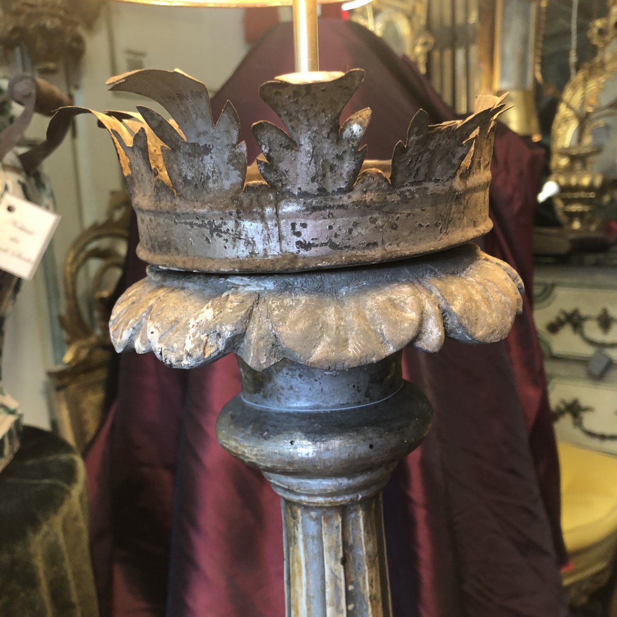 Haut pique-cierge  lampe, bois sculpté argenté, XVIIIème.-photo-4