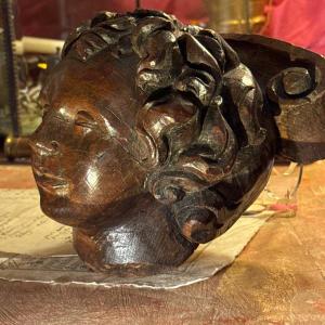 Beautiful 17th Head In Oak. Very Beautiful Head Of An Angel With A Beautifully Expressive Face