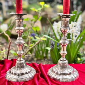 Rare Pair Of Silver Candlesticks, With Floral Carvings, 18th Century.