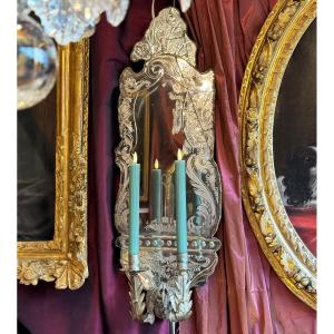 Charming Mirror From Venice, Wall Lamp With 2 Candlesticks, 18th Century.