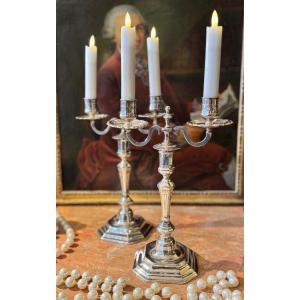 Pair Of Candlesticks, Silver Plated, Early 18th Century, Double Lights, Table Ends.