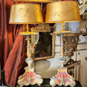 Pair Of Lamps, Venice, Polychrome Carved Wood, 17th Century, Mounted Candlesticks.