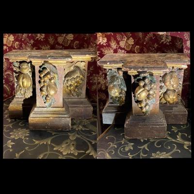 Pair Of Plinths, Polychrome Carved Wood, Late 17th Century, Provence.