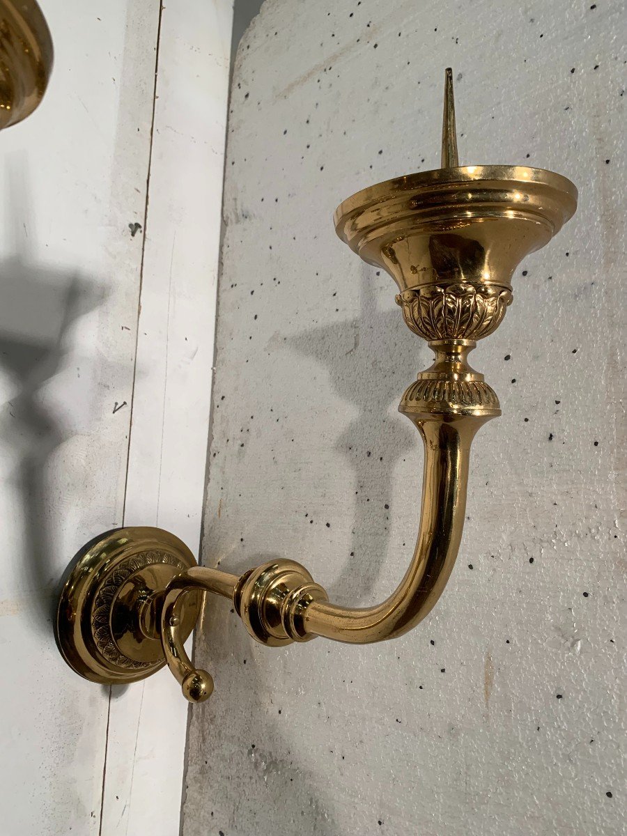 Pair Of Candlestick Sconces In Golden Brass XX Century-photo-6