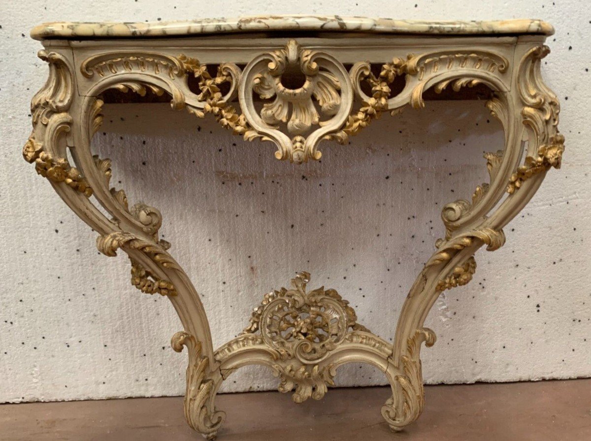 Console Sculptée De Style Louis XV En Bois Peint Et Doré XX Siècle-photo-6