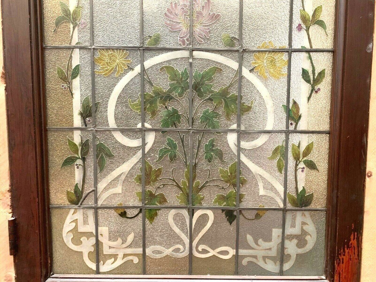 Door And Transom In Art Deco Stained Glass Early XX Century Floral Decor-photo-4