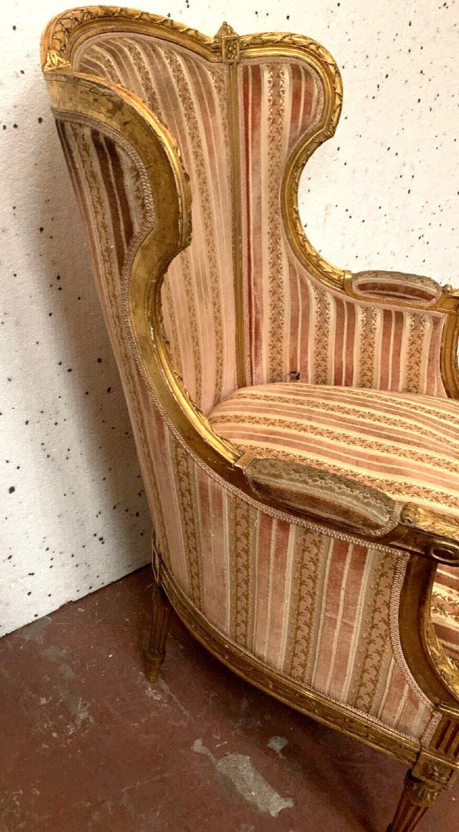 Bergère A Coussin De Style Louis XVI En Bois Doré XX Siècle-photo-5