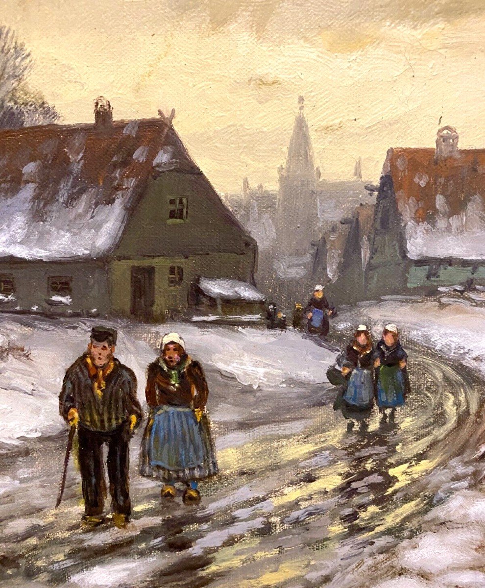 Oil On Canvas "snowy Village Animated With Characters" XX Century-photo-4