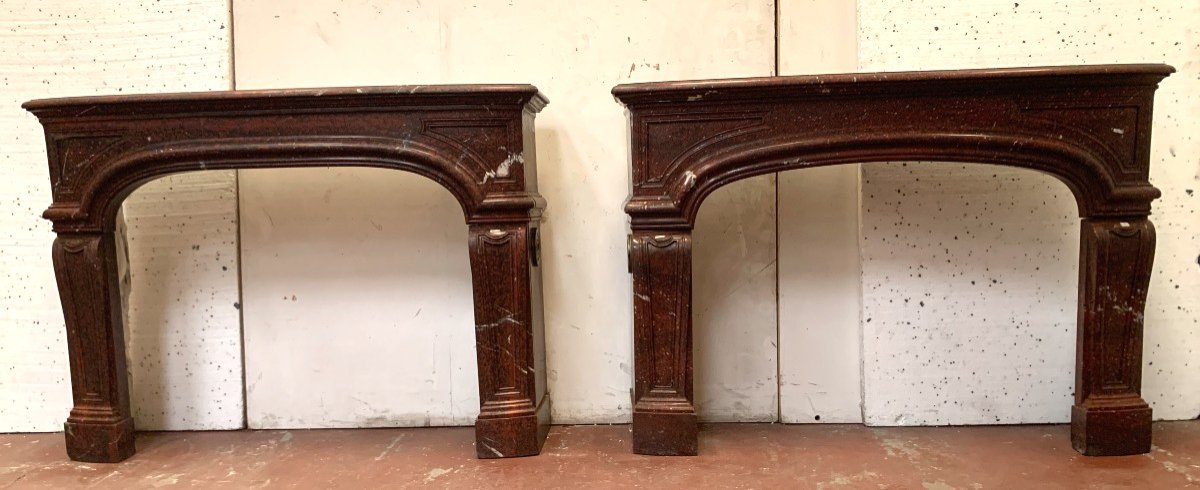 Pair Of Louis XIV Style Fireplaces In Griotte Red Marble. XIX Century .