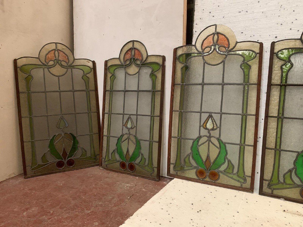 Suite Of Eight Panels In Art Nouveau Stained Glass 20th Century-photo-8