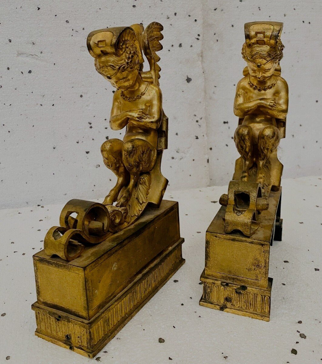 Pair Of Gilt Bronze Andirons Decorated With Winged Faunas 19th Century-photo-1