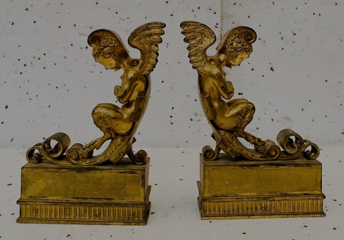 Pair Of Gilt Bronze Andirons Decorated With Winged Faunas 19th Century-photo-2