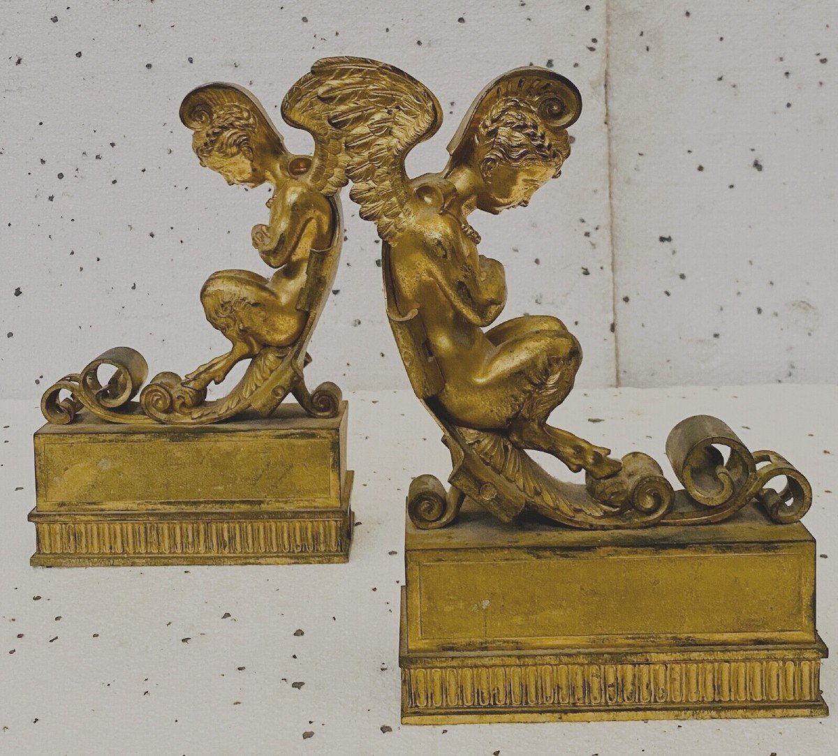 Pair Of Gilt Bronze Andirons Decorated With Winged Faunas 19th Century-photo-8