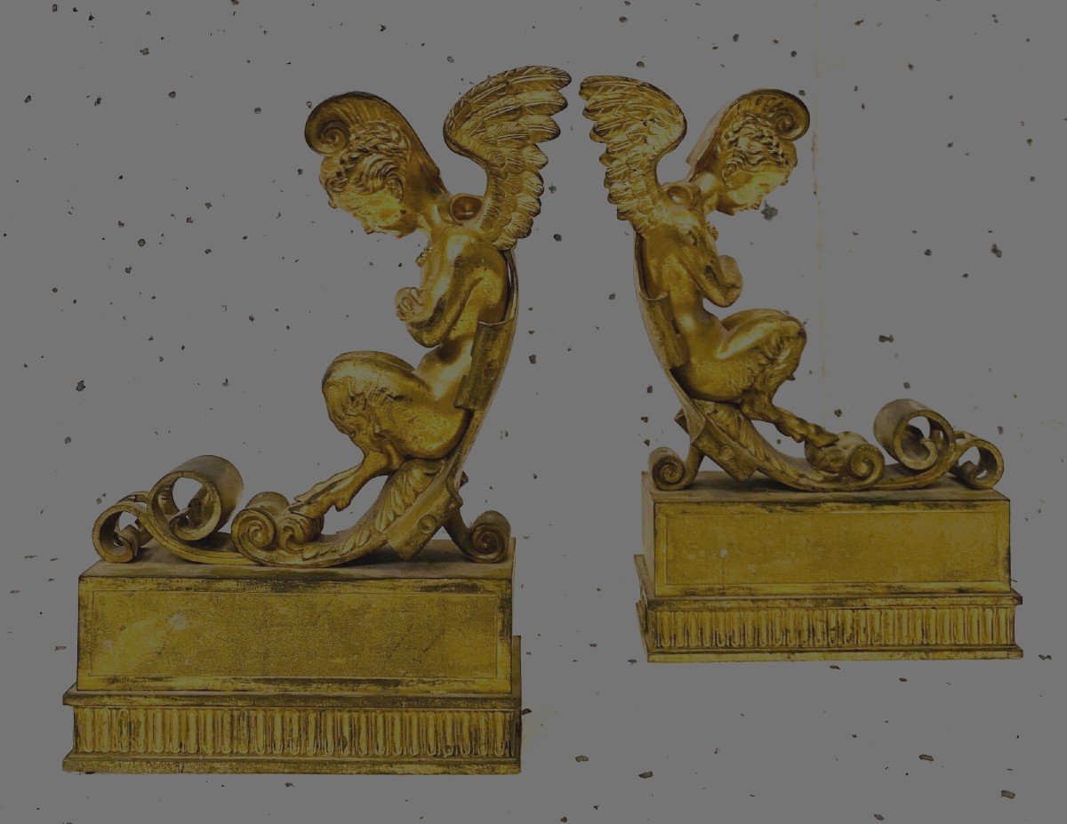 Pair Of Gilt Bronze Andirons Decorated With Winged Faunas 19th Century