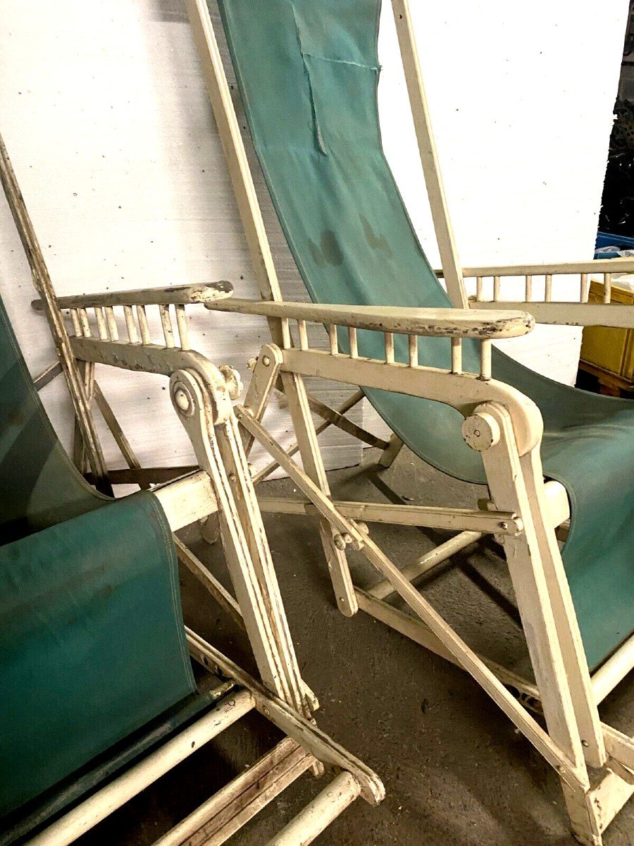 Pair Of Old 20th Century Lacquered Wood Deckchairs-photo-5