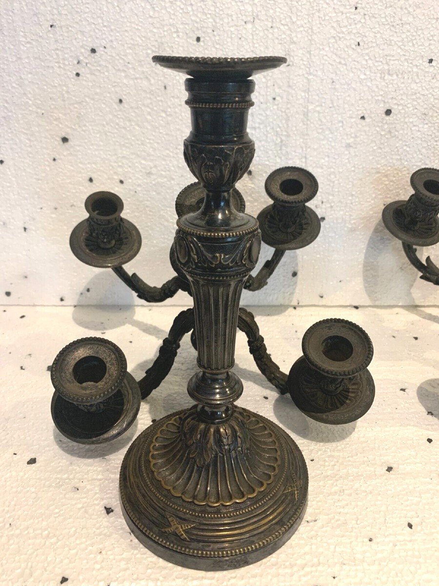 Paire De Candélabres De Style Louis XVI En Bronze Argenté XX Siècle-photo-2