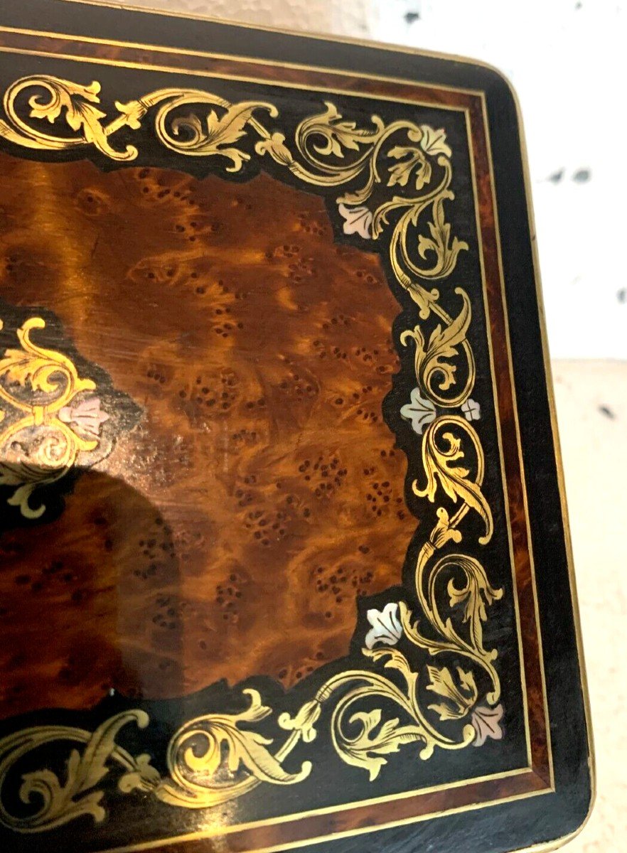 Boite A Bijoux En Loupe De Thuya Et Marqueterie De Laiton Gravé Napoléon III-photo-2