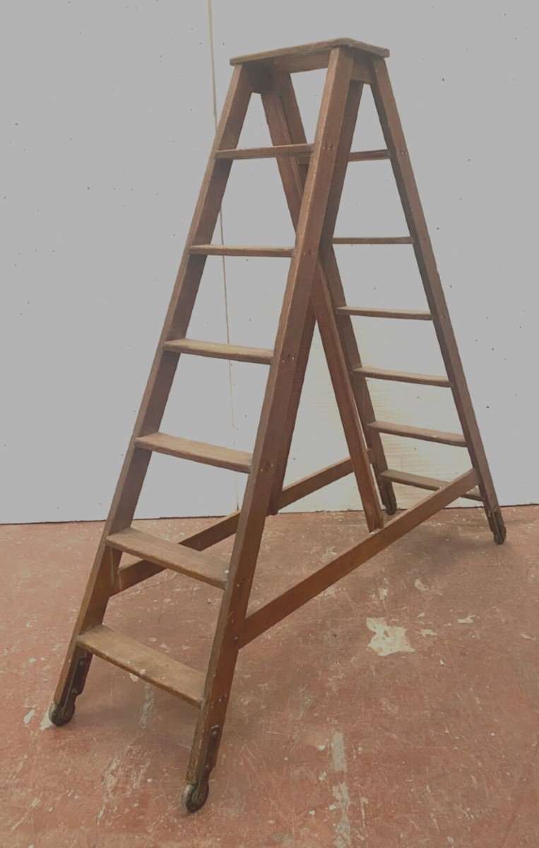 Double Library Ladder In Solid Fir 19th Century-photo-1