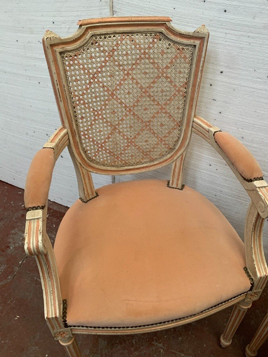 Pair Of Louis XVI Style Armchairs In Patinated Beech 20th Century-photo-2