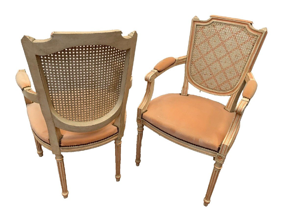 Pair Of Louis XVI Style Armchairs In Patinated Beech 20th Century-photo-1