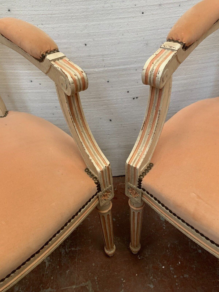 Pair Of Louis XVI Style Armchairs In Patinated Beech 20th Century-photo-3