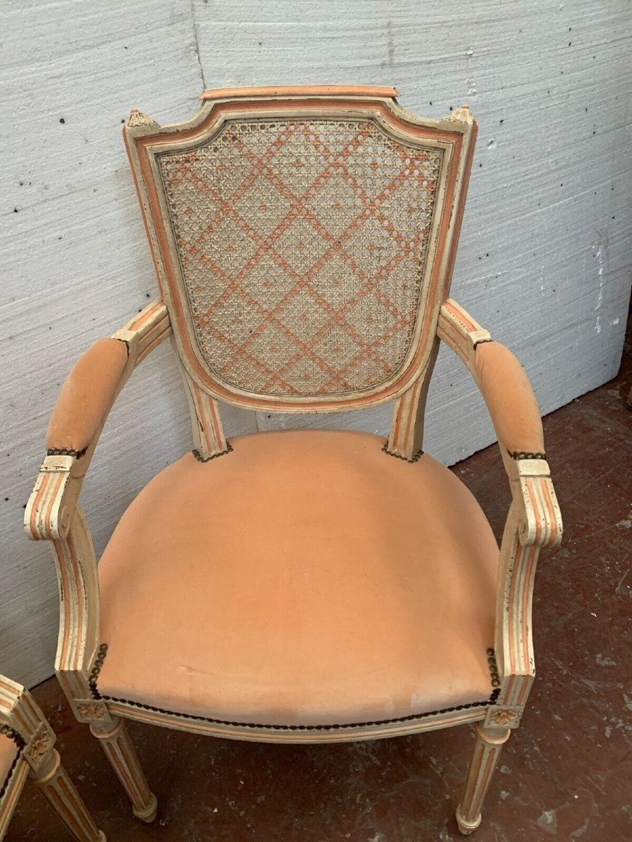 Pair Of Louis XVI Style Armchairs In Patinated Beech 20th Century-photo-6