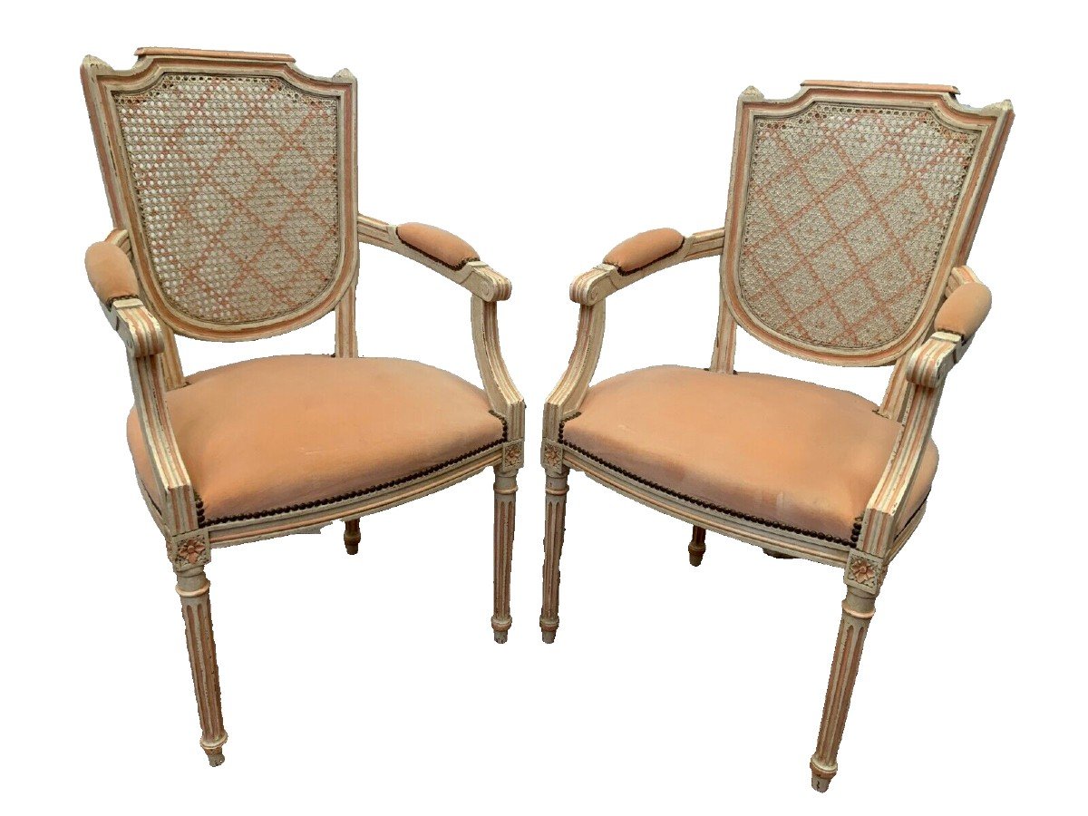 Pair Of Louis XVI Style Armchairs In Patinated Beech 20th Century