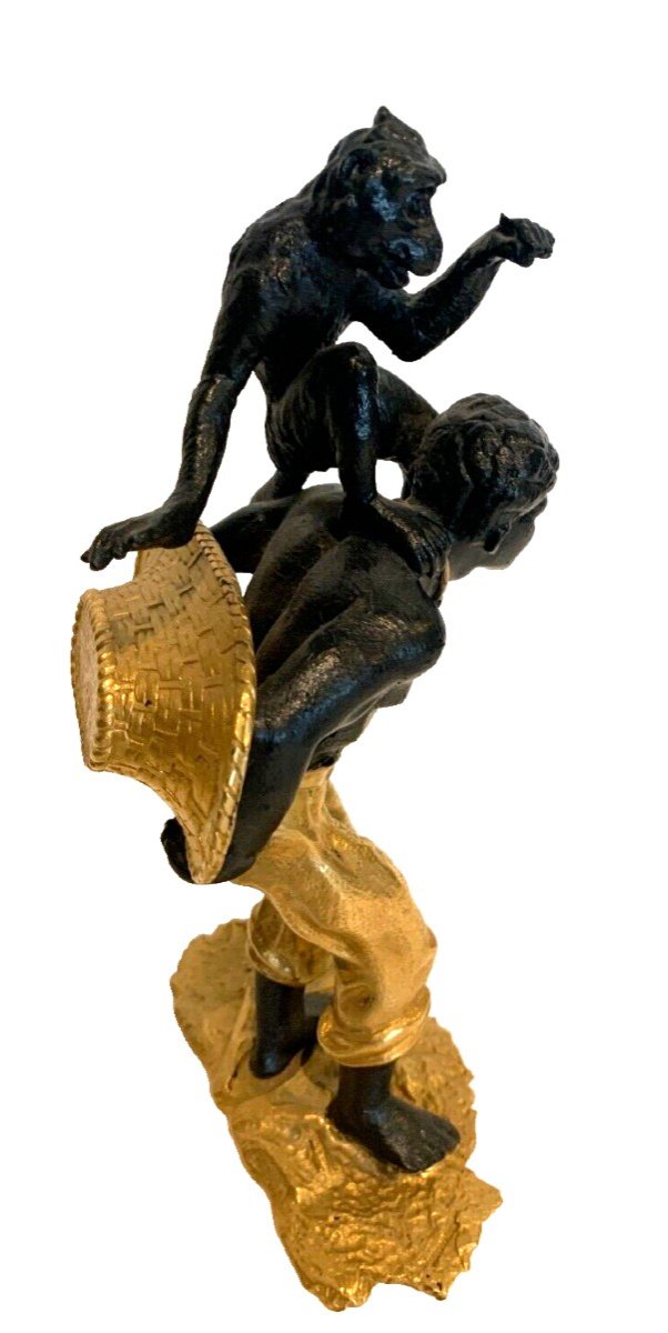 Bronze Group With Double Patina "man With Monkey And Basket" 20th Century-photo-2