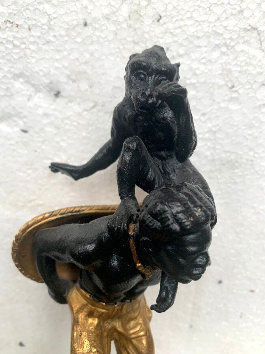 Groupe En Bronze A Double Patine "homme Au Singe Et Au Panier " XX Siècle-photo-6