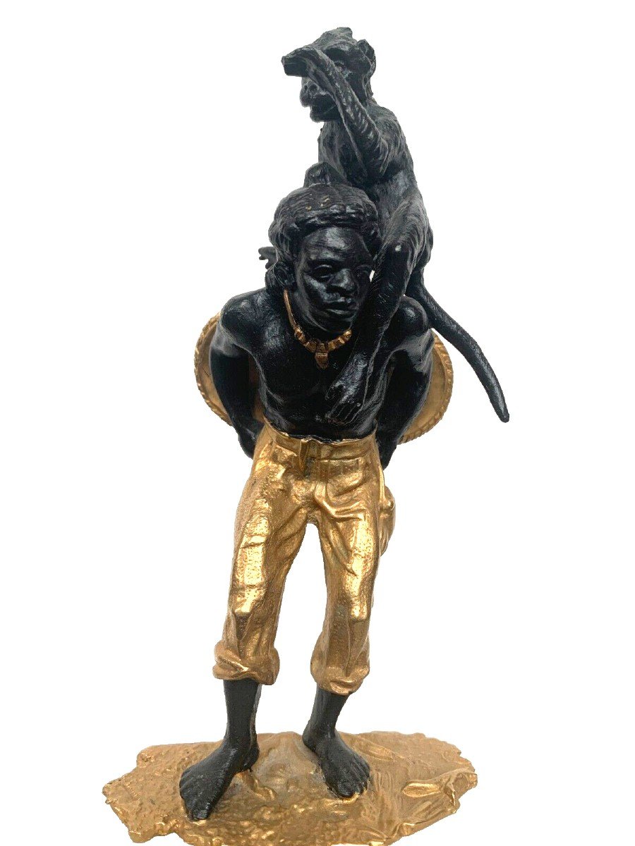 Bronze Group With Double Patina "man With Monkey And Basket" 20th Century