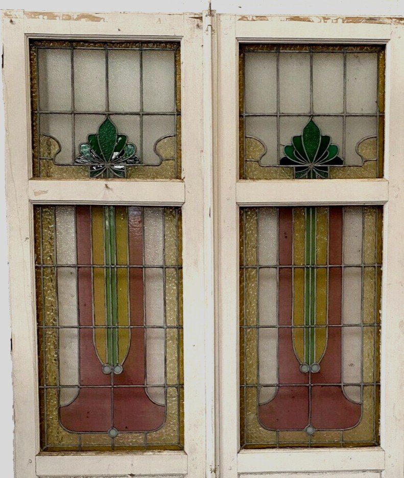 Double Portes De Séparation En Vitrail Art Déco XX Siècle-photo-3