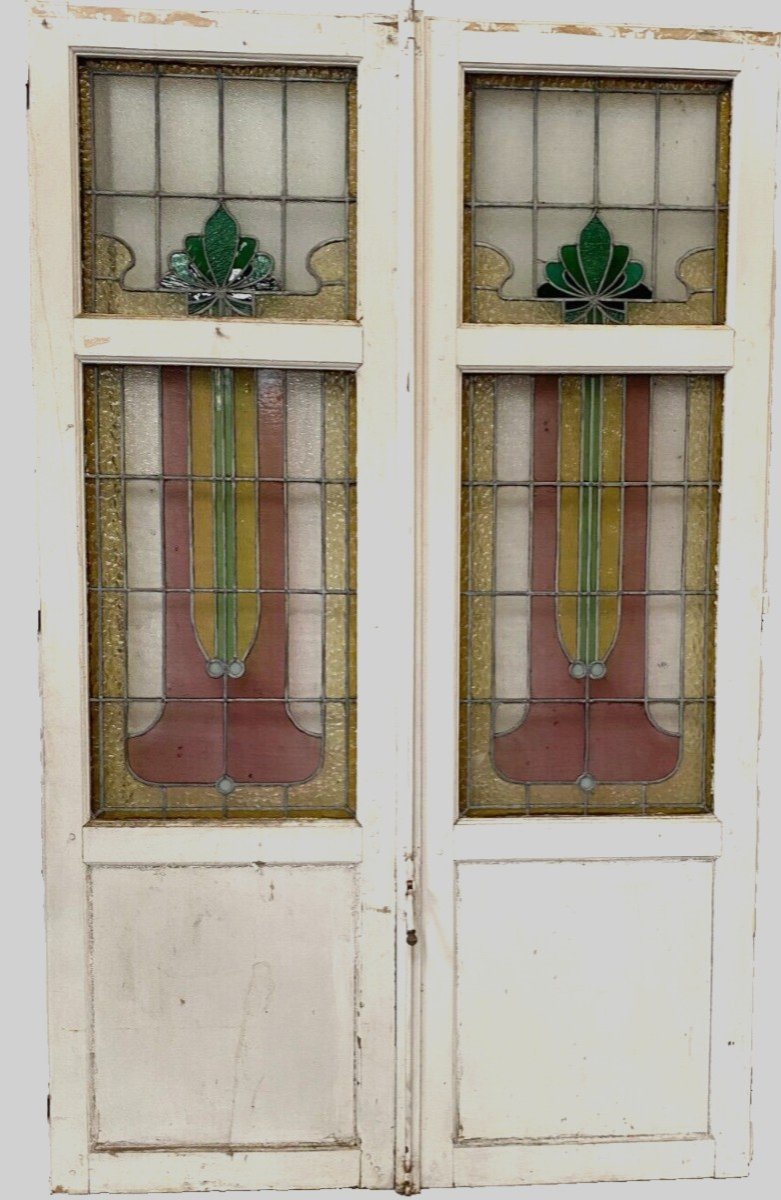 Double Portes De Séparation En Vitrail Art Déco XX Siècle