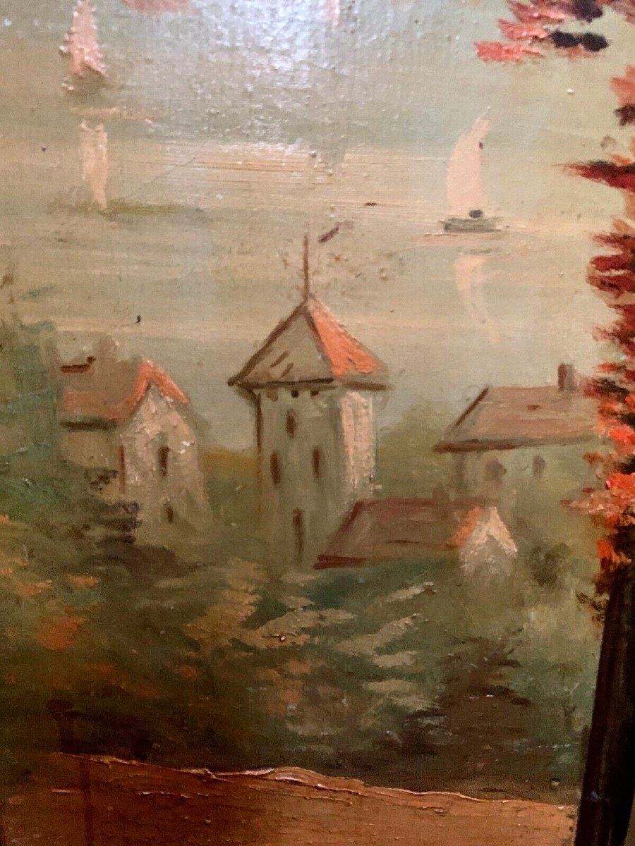 Huile Sur Toile "vue Sur Le Lac " Panneaux Mural Décoratif XX Siècle-photo-3