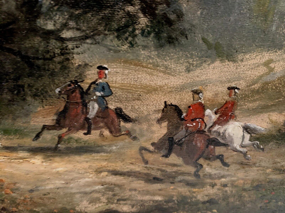 Oil On Canvas "hunting With Hunting" By Jb Cony XIX Century-photo-3