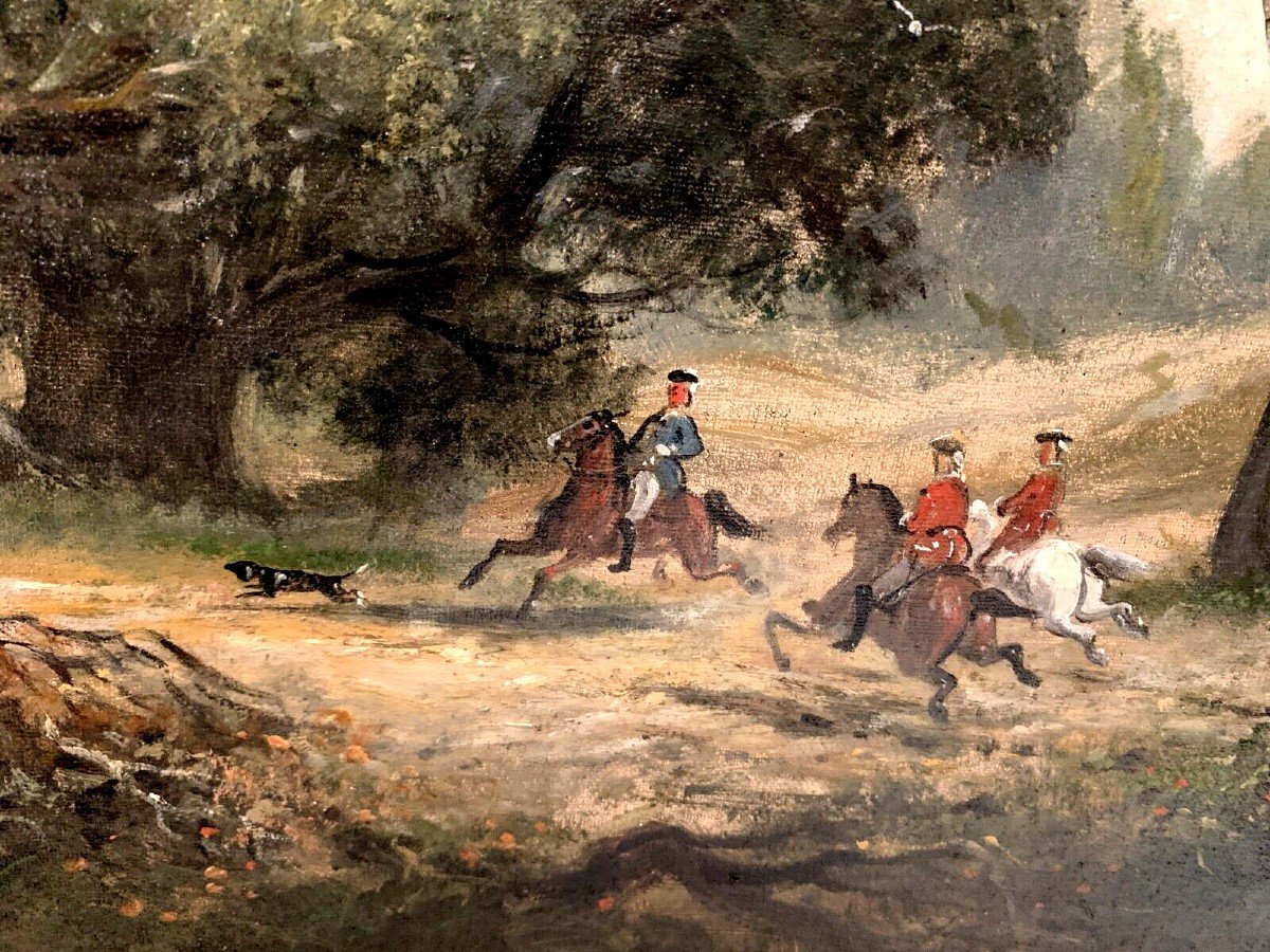 Oil On Canvas "hunting With Hunting" By Jb Cony XIX Century-photo-2