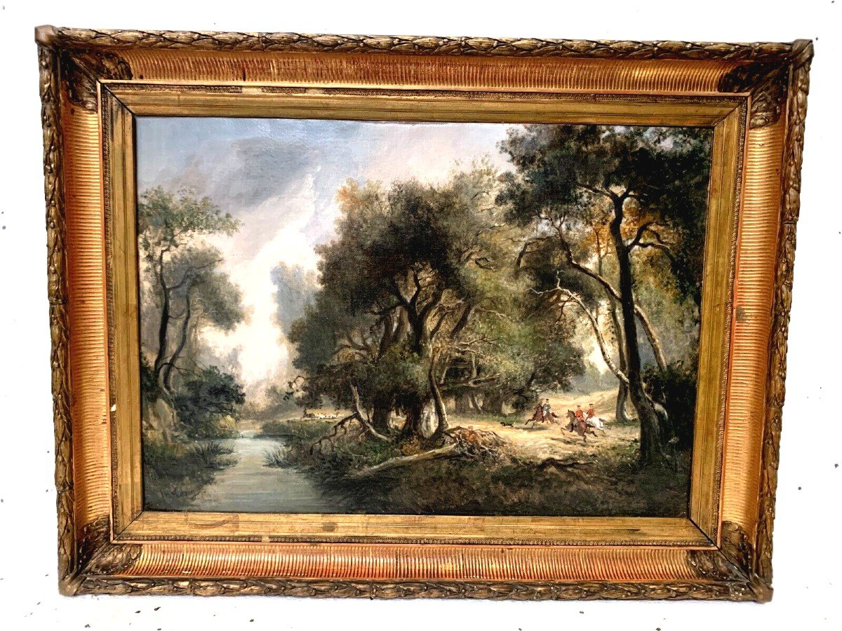 Oil On Canvas "hunting With Hunting" By Jb Cony XIX Century