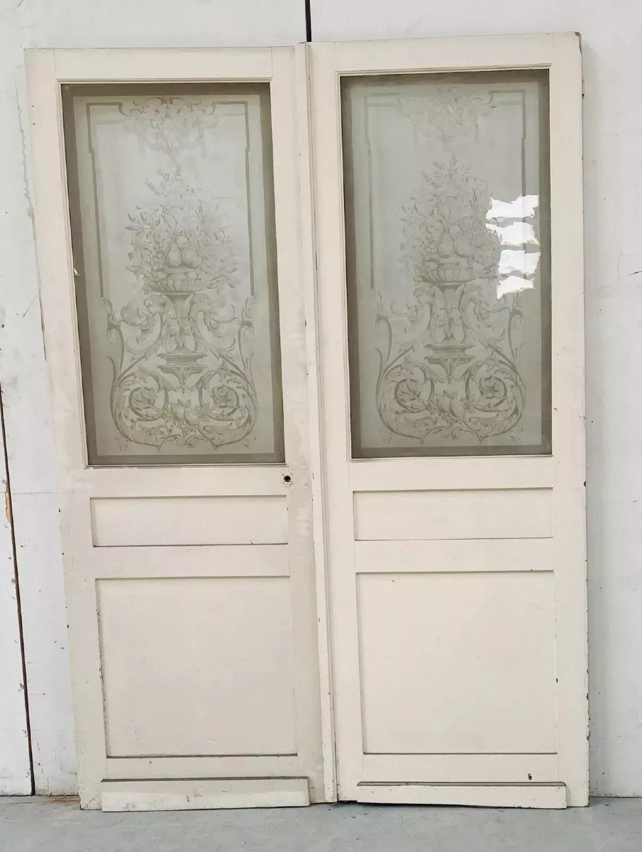 Double Etched Glass Partition Doors 20th Century