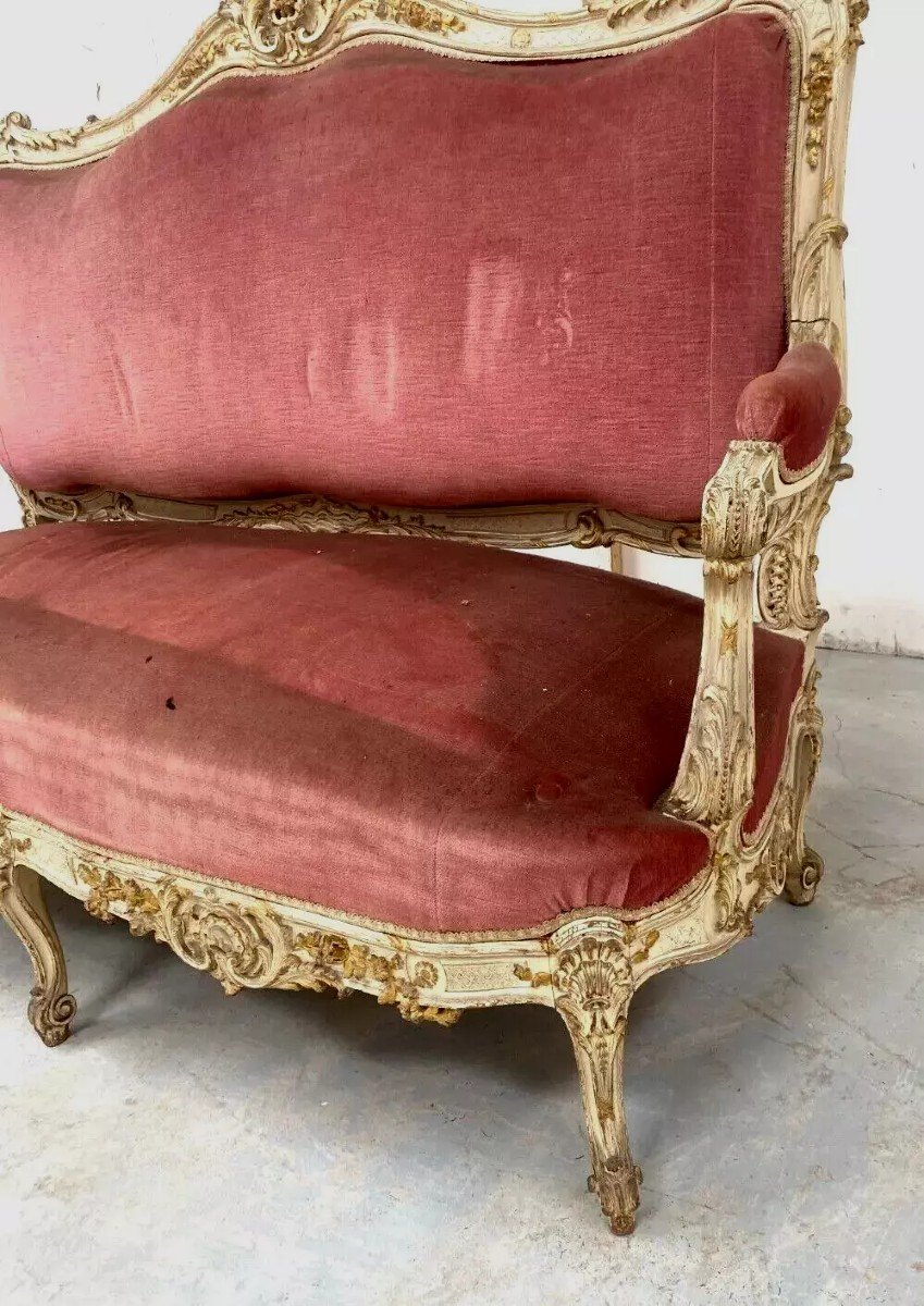 Louis XV Style Bench In Lacquered And Gilded Beech, 20th Century-photo-4