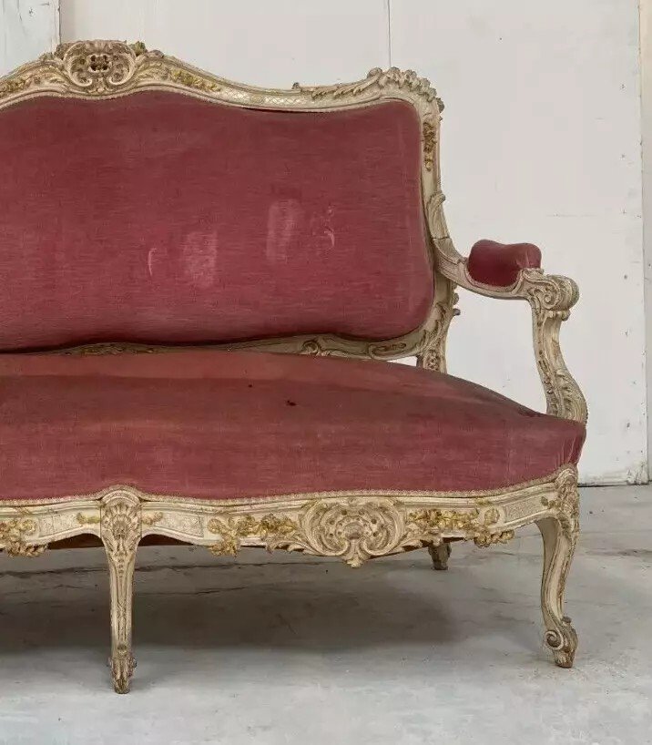 Louis XV Style Bench In Lacquered And Gilded Beech, 20th Century-photo-4