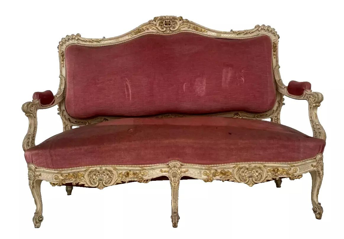 Louis XV Style Bench In Lacquered And Gilded Beech, 20th Century