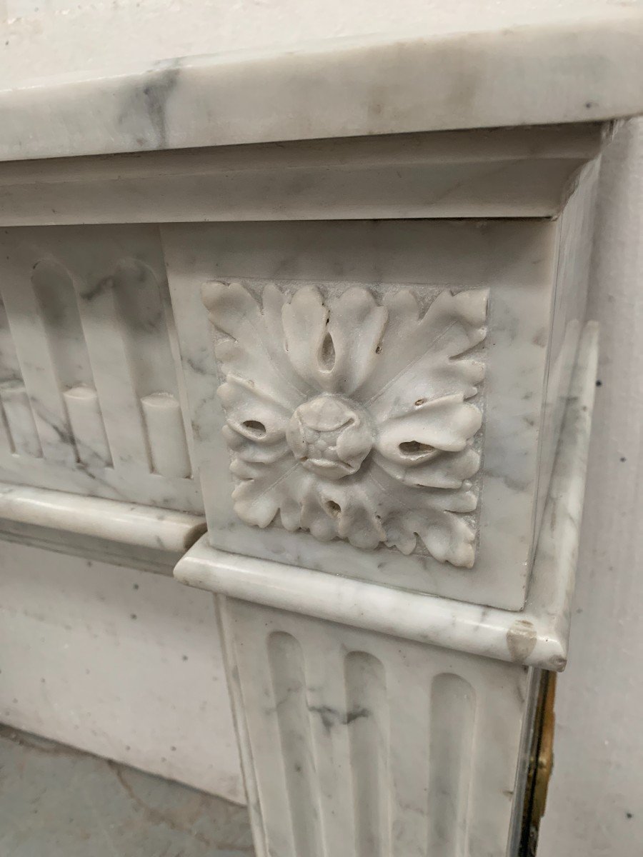 Louis XVI Style Fireplace In White Veined Carrara Marble, 19th Century-photo-8