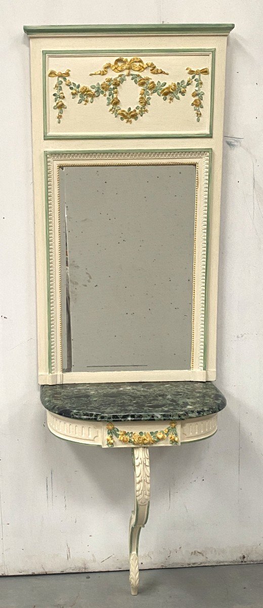 Console And Its Trumeau In Louis XVI Style In Painted Wood, 20th Century