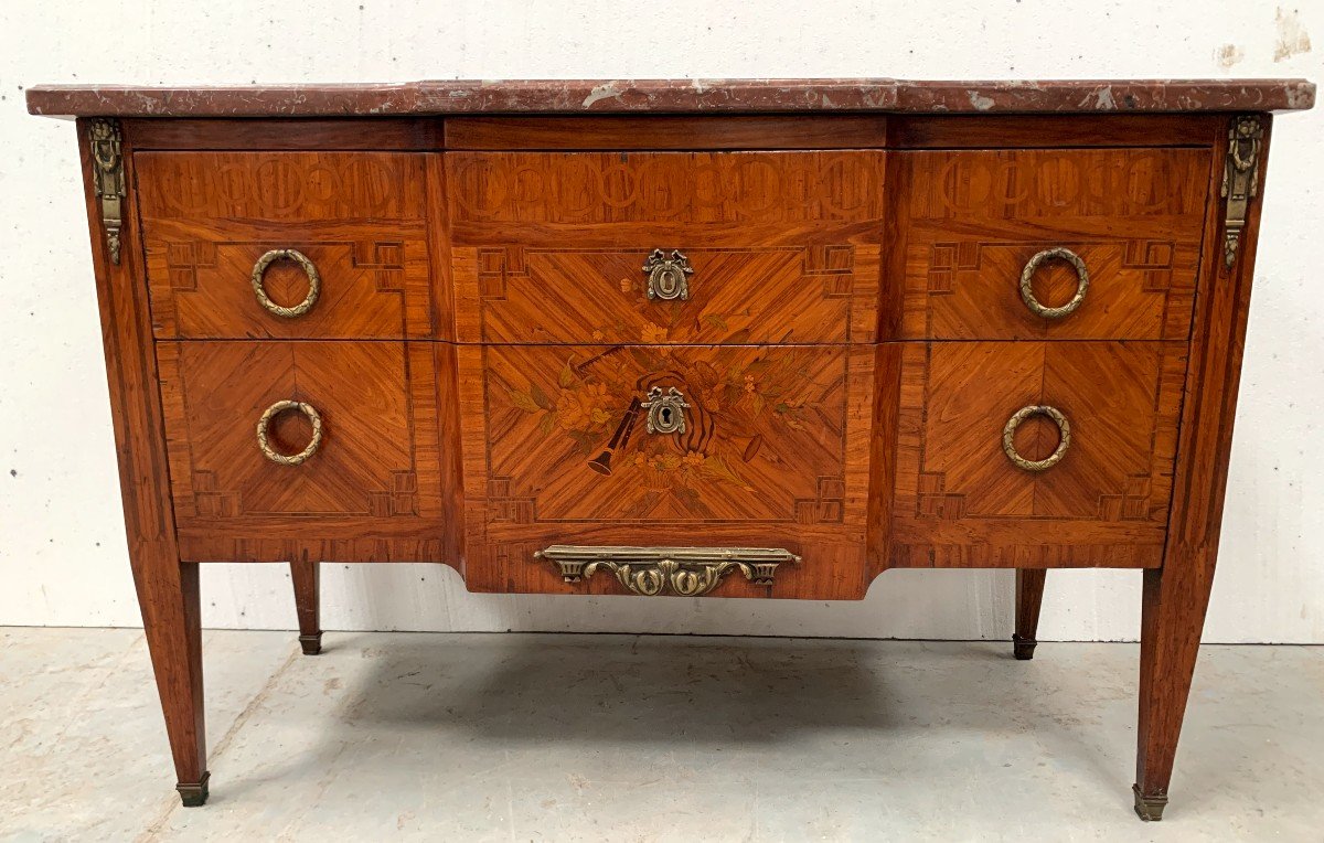 Commode Louis XVI En Marqueterie De Bois De Placage XX Siècle