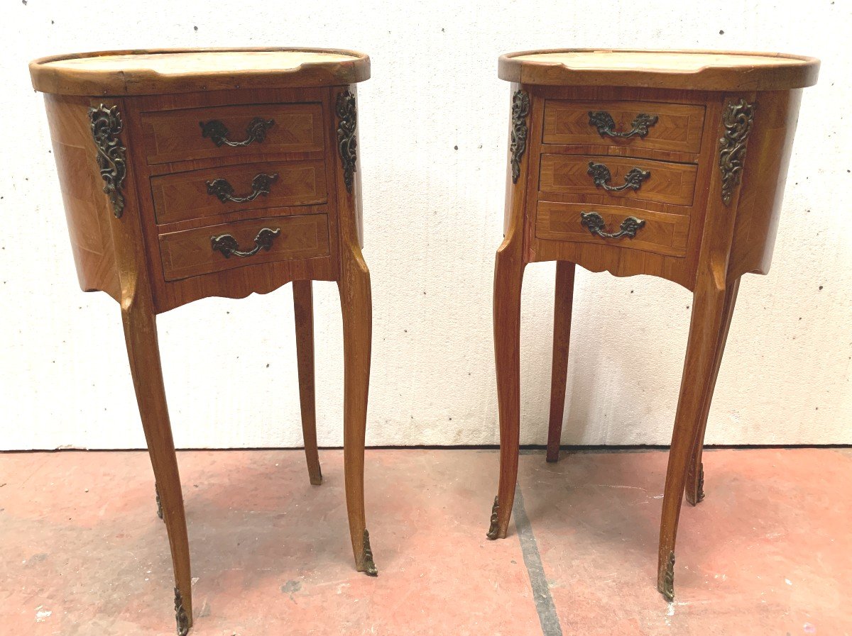 Paire De Chevets Commodes De Style Louis XV Marquetés XX Siècle